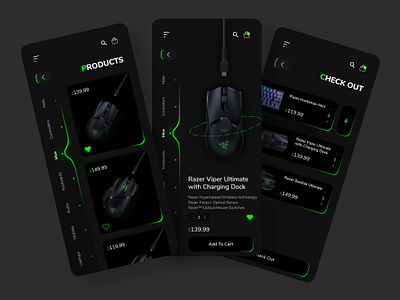 Razer Shop App app app design cards cart concept design dark dark theme gaming green keyboard market mobile app mouse razer shop ui ux