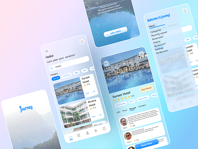 Journey - Booking App app app design application booking booking app design figma glass glassmorphism hotel booking travel travel app travelling ui ui ux ui design uidesign ux ux ui uxui