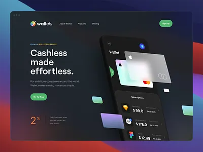 Wallet – Hero Header v.2 app call to action card credit card dark mode dark theme glass glassmorphism hero header landing page money pay payment ui ui design ux ux design wallet web website