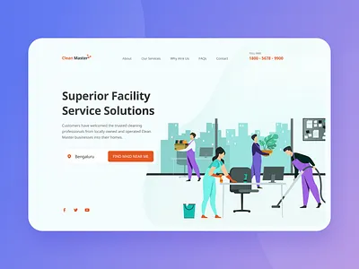 Clean Master - Housekeeping Services cleaning dailyui dailyuichallenge flat design hero section hiring platform homepage housekeeping illustration landing page location logo design maid service minimal soft colors ui uichallenge uidesign uxdesign uxui