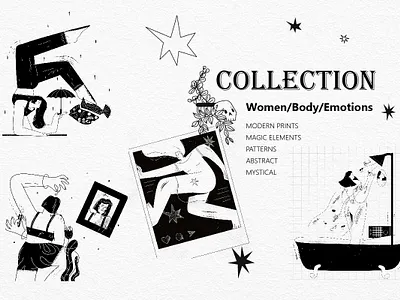 Black and White illustrations collection adobe illustrator body character emotions female feminism flat illustration line art vector