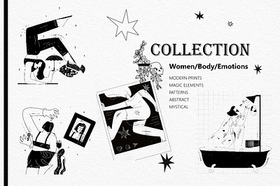 Black and White illustrations collection adobe illustrator body character emotions female feminism flat illustration line art vector