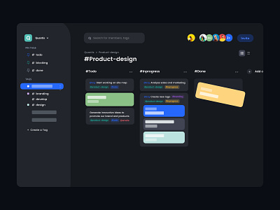 Ambra App Dark Mode app branding clean design hashtag hashtags kanban kanban board managment members pin search status tag tags task task manager typography ui ux