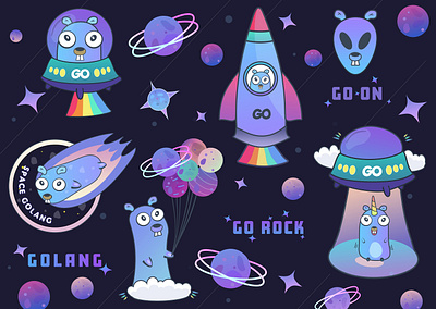 Space trip golang gophers stickers, t-shirt. Programmer gift art backend code developer engineer galaxy go golang google gopher goroutine language logo mascot programmer programming script space sticker t shirt