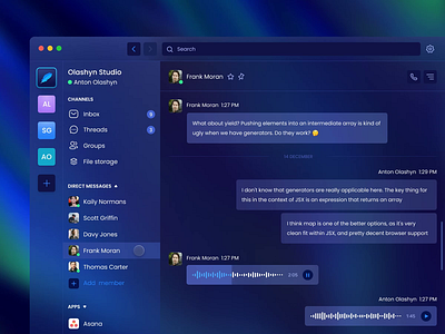 Business messenger app animation app design big sur chat dark ui desktop glassmorphism group chat interface macos mailbox messenger product design prototype slack web design zoom