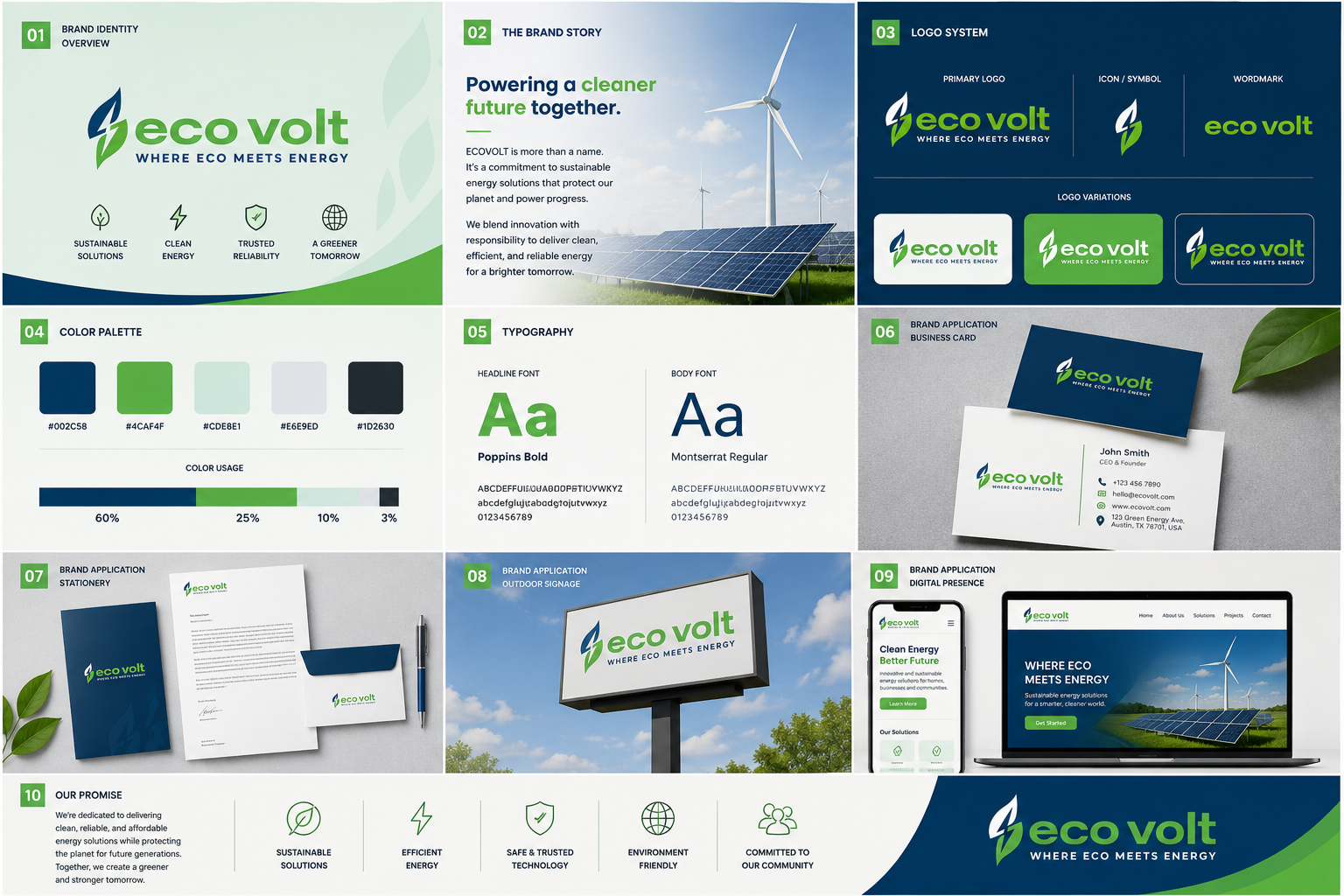 EcoVolt Brand Identity | Renewable Energy & Clean Energy Brandin brand guidelines brand identity branding clean energy clean technology corporate branding eco branding energy branding energy logo environmental branding graphic design green energy green technology logo design modern branding renewable energy renewable energy logo sustainability branding sustainable design visual identity