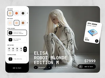 Robot Ai Store with Customization Options add to cart ai ai design ai store blonde woman clean ui concept customize female robot futuristic gpt hightech order robot shipping shop ui ui components ux webdesign