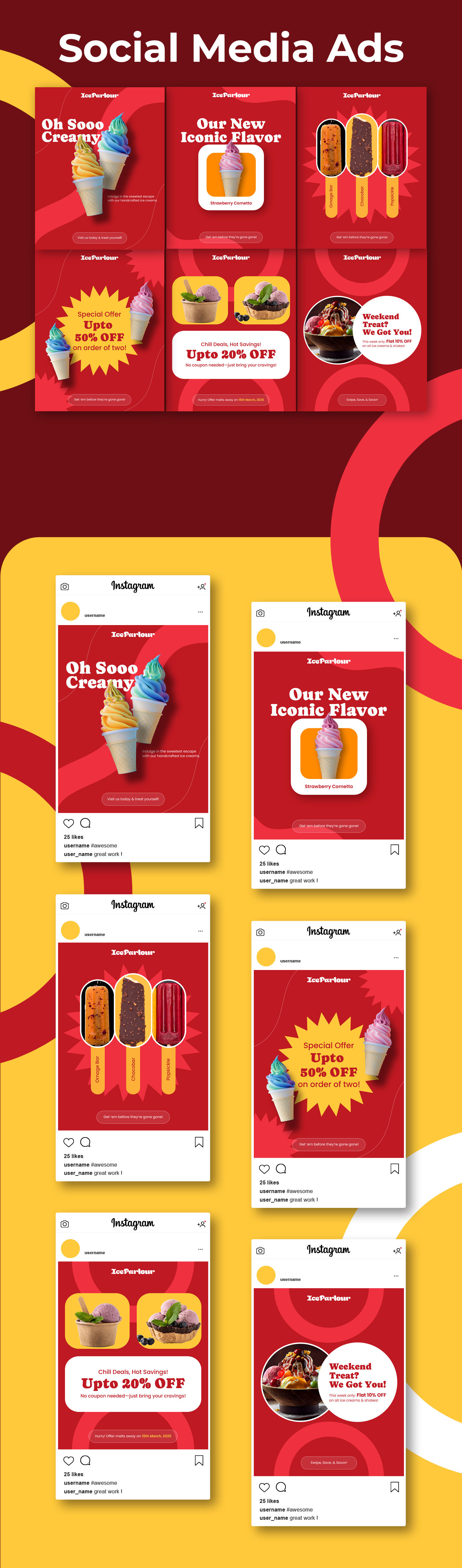 Ice Cream Shop Social Media Ads ads ads banner advertising advertising banner discount banner ice cream ice cream shop banner instagram ads instagram post promotional ads promotional banner promotional post sale banner social media ads social media banner social media post social media post design