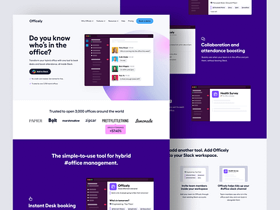 Officely Slack application landing page addon analytics application b2b b2c branding checkin data design landing page management office organization plugin product saas slack ui webflow website