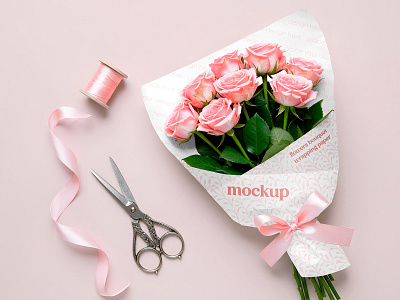 Flowers Bouquet Wrapping Paper bouqet floristic flower free freebie gift mockup paper petal present ribbon rose scissors wrap wrapping