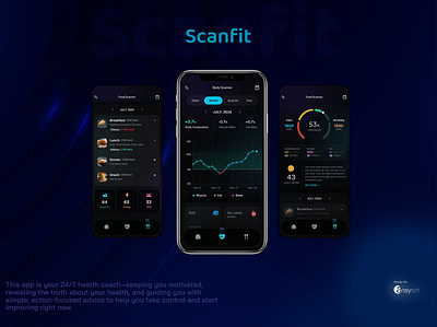 The app named "Scanfit" designed by Ansysoft accuratebodymeasurement adobephotoshop bodyfatmonitor bodyfatpercentage digitalhealth ecommerce fitnessjourney fitnesstech healthandwellness healthapp healthtech healthylifestyle lifestylechange mobileapp nutritiontracking personalhealth smartfoodscale techforhealth weightmanagement wellbeing