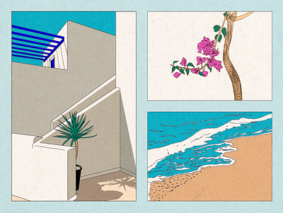 island in the sun beach building collage flowers greece greek illustration island memories palm paros sea summer sun