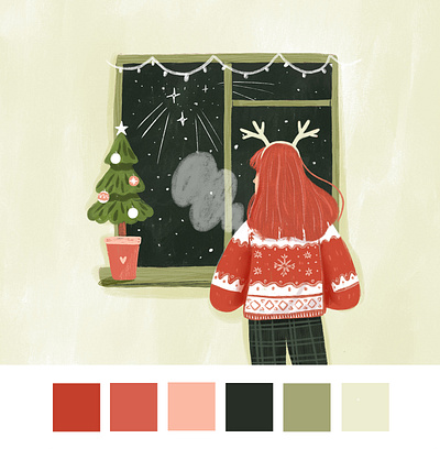 "Waiting for a Miracle" Christmas Card Design card character christmas cozy cute design festive girl girl character green illustration red simple snow sweater window winter xmas