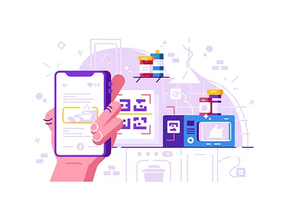 creating a QR code art code cook design flat hand home huge illustration interior kitchen line menu microwave office outline phone qr scan vector