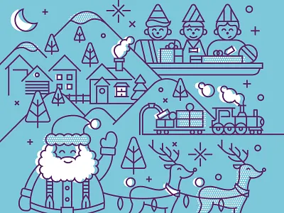 NorthPark Center Holiday Campaign 2019 blue center christmas claus elfs gifts holiday illustration monoweight mountains presents purple raindeer rudolf santa snow snowflake train tree