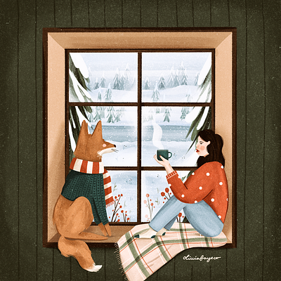 Cozy Nook coffee cozy design fox hand drawn illustration illustrator lady people procreate snow window winter woman