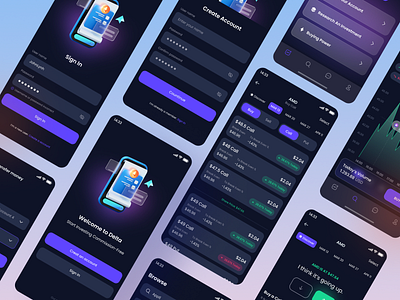 Delta App - Trading Stock App app branding clean creative dark mode design landing page nft stocking ui uxui