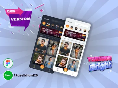 Social media type app main Screen Bright and Dark #UI #UX design android app app design app design ui design android app mobile app design mobile ui ui ui desgin ui designer uiux wonderful ui