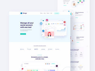 Social Media management tool landing page agency facebook flat illustration instagram landing page linkedin management app management system management tool managment minimal pinterest socialmedia twitter ui userinterface vector web website