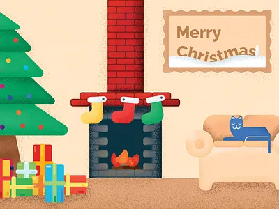 Merry Christmas Postcard brick cat christmas christmas tree couch fire fireplace gift grain holidays noise ornament postcard postcard design present print design stocking texture tree winter
