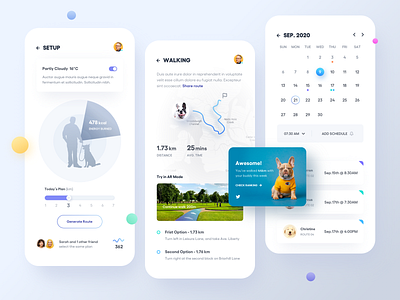 Dog Walker App. animal app ar calendar chart clean details friend list map message mobile notification profile schedule share social sport time ui