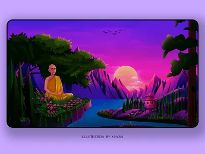 Senior monk - Quiet contemplation environment forest illustration landing page illustration landscape landscape illustration magazine cover monk morning natural nature illustration nft package sunrise temple travel tree vector wallpaper web