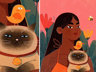 Girl with cat animal bird cat character cute draw girl illustration kitty lady pet photoshop procreate woman
