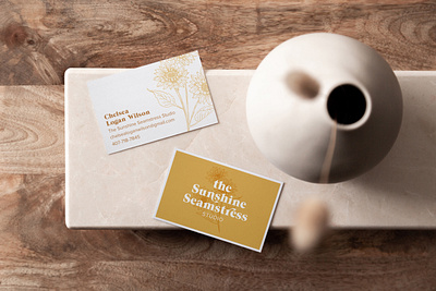 The Sunshine Seamstress Business Cards brand design brand identity brand strategy branding business card design seamstress sunflower logo