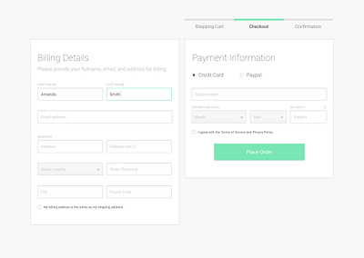 Billing and Payment Information address check out check out experience credit card payment design ecommerce minimal payment payment form payment method payments registration form ui