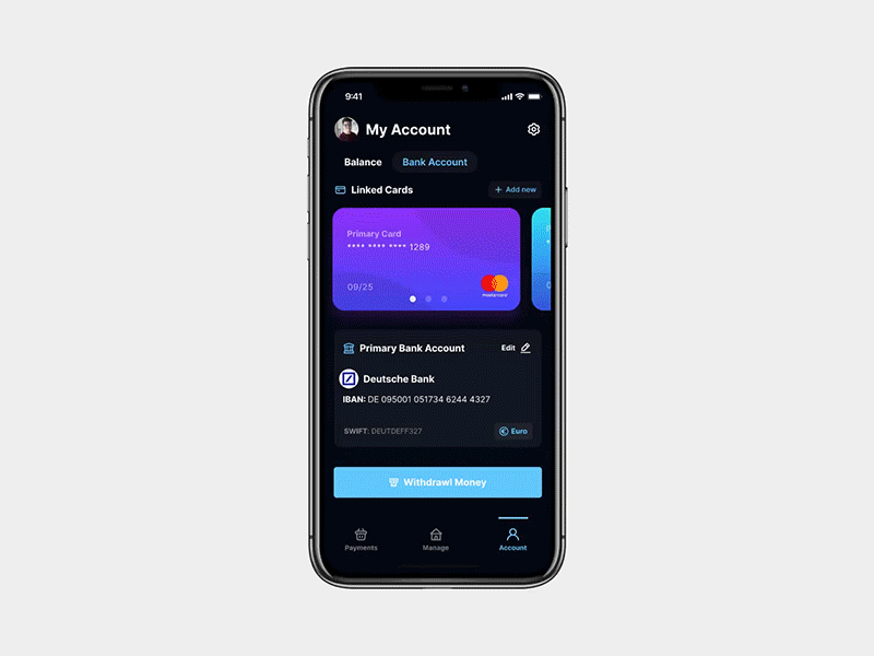 Outpay - Withdraw Money Experience - Dark Mode banking clean ui dark mode dark theme dark ui dribbble figma gif glassmorphism ios14 iphone mobile app design payments prototype prototyping trending ui ui design ux withdrawal