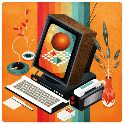 Vertical Retro monitor computer design digital illustration illustrator minimalist retro texture vector woodgrain