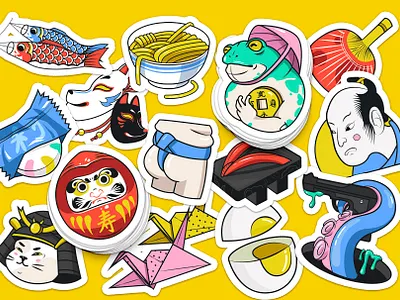 Crazy Asia Sticker Pack asia cartoon daruma food frog illustration japanese origami ramen samurai stickers sumo traditional