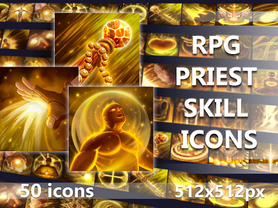 RPG Priest Skill Icons 2d art asset assets fantasy game gamedev icon icone icons indie mmorpg pack png priest psd rpg set skill skills