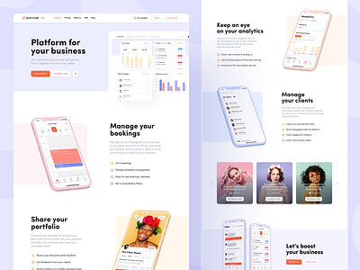 Readyhubb. Marketing website for beauty businesses about analytics app banner beauty blog booking calendar design features landing marketing money pricing product schedule screen ui ux website