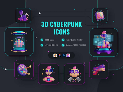 Cyberpunk Dystopia 3D Icon Set 3d branding design graphic design icon icons illustration ui ux vector