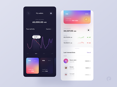 Wallet app 💳 app app design banking clean creditcard dark ui exchange expense financial financial app gradient income mobile money money app money tracker money transfer transaction ui wallet