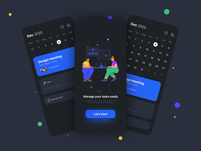 Calendar - Dark theme animation app calendar clean design flat illustration minimal mobile time ui ux