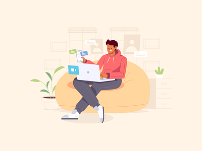 Work From Home Illustration character cream design enjoyed flat illustration graphic design happy illustration living room man meeting people relax sit video call wfh work work from home working zoom