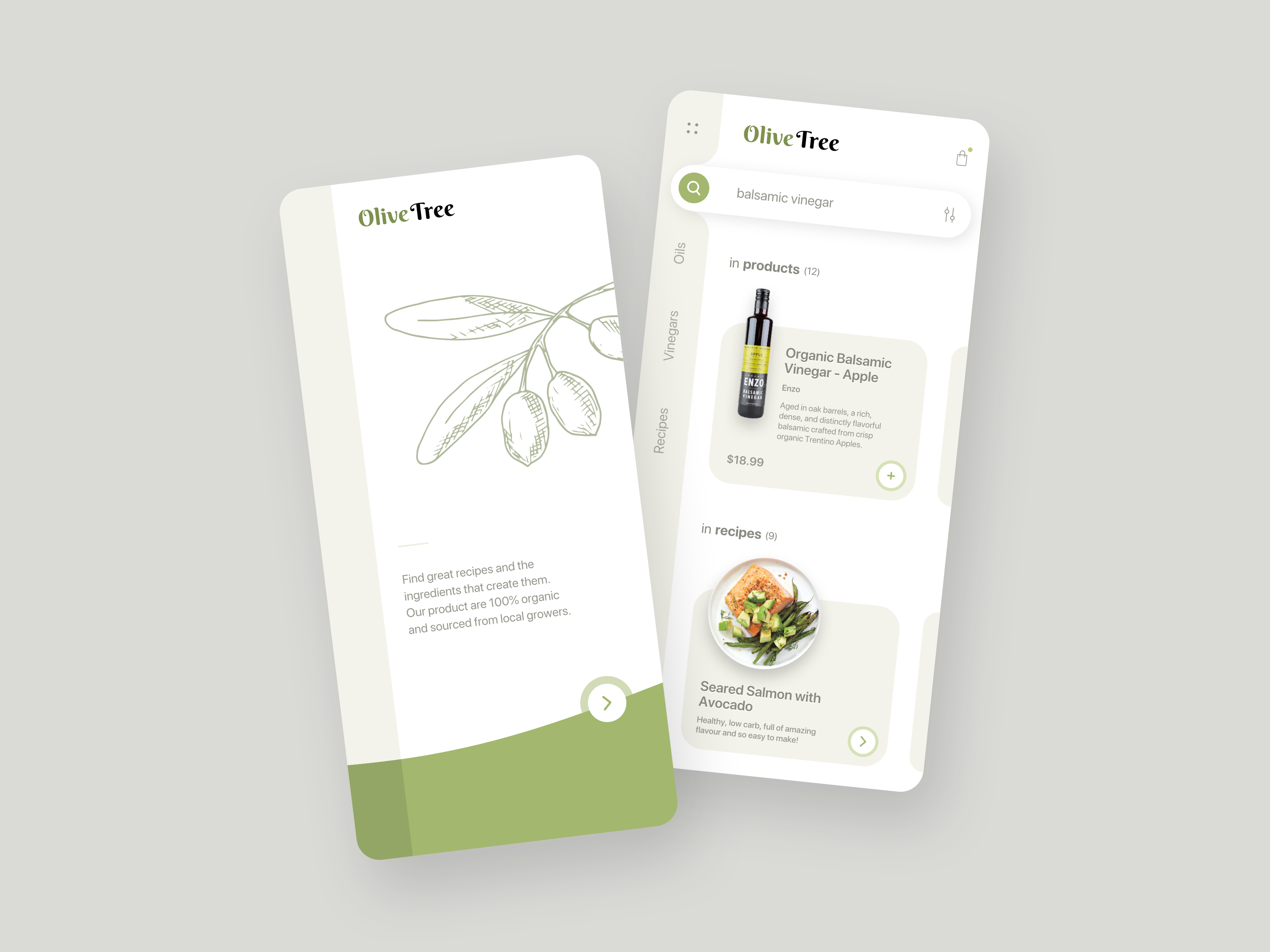 Olive Tree - Splash & Search app app ui clean ecommerce foodie left nav product recipes search sidebar simple splash