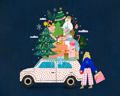 Christmas car 🚗 christmas female character happy holidays holidays illustration illustration art illustrator kids illustration winter illustration