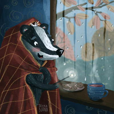 Badger wizard animals art autumn bookish character characters fairy tale illustration magic mood rain weather wizard