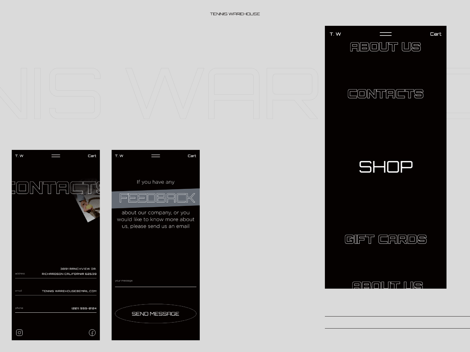 T.W / Menu + Contacts contact page contact us contacts e commerce menu menu design minimalistic mobile ui online shop shop tennis shoes ui design