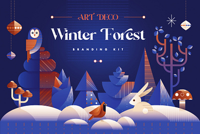 Art Deco Winter Forest Branding Kit abstract animal art deco branding christmas christmas card christmas tree decorative forest geometric hare illustration owl packaging design scene creator vector winter winter holidays winter scene woods