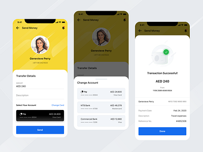Mobile Wallet Offering App cart change account interactive design ios mobile app mobile ui money transfer pay product design select account select bank send money transaction successful transaction summery ux design