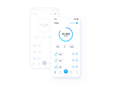 Fitness App activity animation app blue calories fitness flat health ios minimal mobile pedometer profile sketch sport stats tracker ui white wireframe