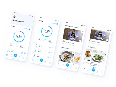 Fitness App animation app blue calories design fitness flat food health ios meal minimal mobile profile ui white