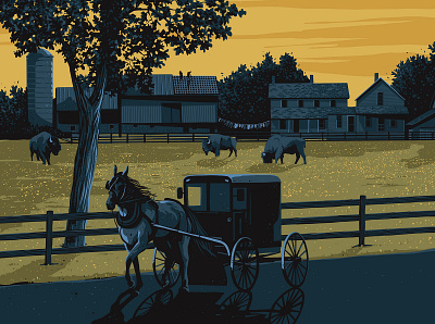 Shipshewana Illustration amish bison buffalo buggy farm horse illustration