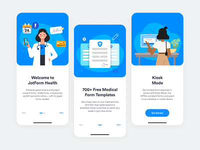 JotForm Health App Onboarding Screens app design application corona design doctor figma figmadesign form health health app hipaa illustration kiosk medical medical app onboarding onboarding illustration onboarding screen onboarding ui patient