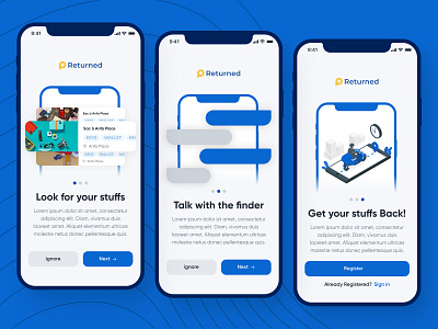 Returned Onboarding adobexd app blue ui dashboard flat freebies illustration lostandfound minimal mobile app design mobile ui mockup onboarding onboarding screen onboarding ui onboarding ux ui ux vector