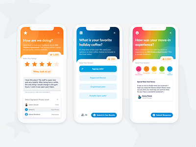 Resident Actions Concept content drawer gamification mobile points polling polls rating reviews satisfaction